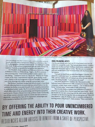 #A Showcase of Creative 
#Connections
Article by Mae Gilliland for Peoria Magazines. Natalia Villanueva Linares, a 2014 PCA resident artist, with her sprawling ESTERA installation—a highlight of the Prairie Center’s 2017 Regional Alumni Invitational Exhibition

"The Richeys do these things because they see the benefits of bringing in artists from outside the Peoria area. The camaraderie they build often leads to collaboration—and sometimes on a grand scale. Monchicourt, for instance, will be staying with former resident artist Natalia Villanueva Linares and her husband Earl Power Murphy, who have spearheaded Yaku, a collective of young Peorians working to repurpose the Hale Memorial Church into an international culture center.

“We are trying to get him and Natalia to do an outdoor installation for the show,” Michele notes. “We’ll see what happens,” Joe responds. “You never know when you get Natalia involved!”"