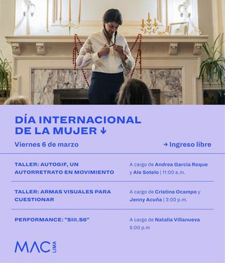 #PERFORMANCE: SIII.s6 
#DÍA INTERNACIONAL
#DE LA MUJER

HORA: Viernes 06/03 – 5 p.m.
SUMILLA: Mujeres, todas, están cordialmente invitadas a participar en la performance «SIII.s6» propuesta por la artista Natalia Villanueva Linares. Esta acción pertenece al proyecto Soulutions, la biblioteca de gestos, una colección de restos transformados durante múltiples performances nómades. Natalia desarrolla este proceso a través de varias presentaciones, a veces simultáneas, que conectan a participantes ubicados en diferentes países o ciudades. Cada gesto compartido ha sido extraído de la práctica personal de la artista o de sus performances, en las que prepara soluciones múltiples, pociones para curar lo que le es incurable, como la distancia o el tiempo. La biblioteca crece sesión tras sesión trayendo un sentimiento de transmisión. «SIII.s6» se realizará como parte De mujeres para mujeres, escribiremos juntas un momento, a través de un gesto de entrega, puro…único.