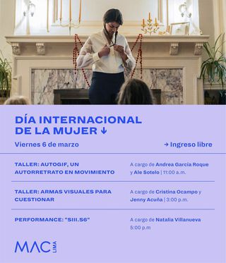 #PERFORMANCE: SIII.s6 
#DÍA INTERNACIONAL
#DE LA MUJER

HORA: Viernes 06/03 – 5 p.m.
SUMILLA: Mujeres, todas, están cordialmente invitadas a participar en la performance «SIII.s6» propuesta por la artista Natalia Villanueva Linares. Esta acción pertenece al proyecto Soulutions, la biblioteca de gestos, una colección de restos transformados durante múltiples performances nómades. Natalia desarrolla este proceso a través de varias presentaciones, a veces simultáneas, que conectan a participantes ubicados en diferentes países o ciudades. Cada gesto compartido ha sido extraído de la práctica personal de la artista o de sus performances, en las que prepara soluciones múltiples, pociones para curar lo que le es incurable, como la distancia o el tiempo. La biblioteca crece sesión tras sesión trayendo un sentimiento de transmisión. «SIII.s6» se realizará como parte De mujeres para mujeres, escribiremos juntas un momento, a través de un gesto de entrega, puro…único.