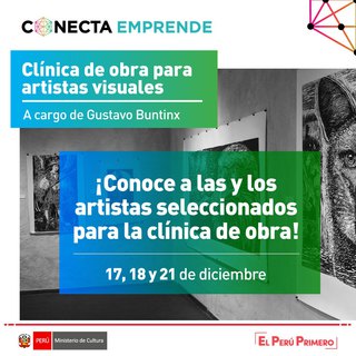 20 Artistas seleccionados para la Clínica de Obra para Artistas Visuales a cargo de Gustavo Buntinx. Las sesiones se realizarán de manera virtual los días 17, 18 y 21 de diciembre, de 4:00 a 7:00 p.m., por la plataforma ZOOM.