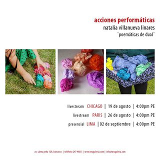 #ACCIONES PERFORMÁTICAS
Los invitamos a la performance ‘Poemáticas de Dual’ que realizará la artista Natalia Villanueva el día Jueves 02 de Septiembre de 4 a 6pm en nuestra galería. Última presentación en su recorrido por Chicago, Paris y Lima.

Las performances de Chicago y París serán presentadas de manera virtual a través de nuestra cuenta de instagram y la de @nati.work

Durante estas performances, Villanueva transformará sus Poemáticas como particiones ilustrando dos fases de preparación y fabricación de sus patchworks llamados Dual.

No te pierdas estas acciones y te esperamos el jueves 02 de septiembre en Saenz Peña 129, Barranco.