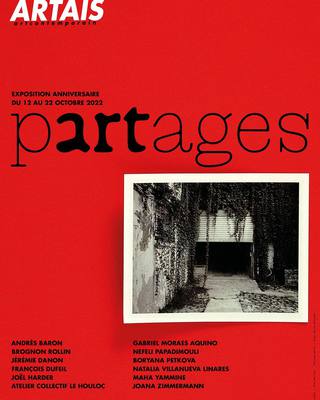 FR : ARTAÏS convie onze artistes et un atelier collectif dans une exposition centrée sur la multiplicité du partage, de la rencontre, et des liens positifs forgés par ces derniers. L’exposition collective pARTages est une invitation à panser et repenser nos relations. Adage familier, l’art comme interstice social ne s’essouffle pas. Création collaborative, ouverture d’espaces de l’intime, activation de gestuelles collectives, ces multiples pratiques ciblent et célèbrent l’esthétique du partage. Des propositions rassemblées, le relationnel infuse autant les processus de création que les œuvres finales présentées. 
12 – 22 octobre 2022 de 14h à 19h 36 rue du Fer à Moulin, Paris 5e